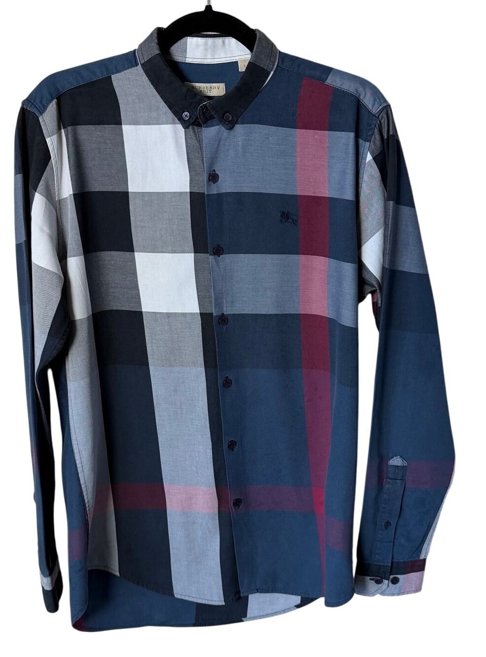 Burberry Men's Button Down Shirt Blue Gray Nova Check Long Sleeve Cotton 100%